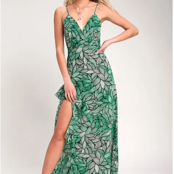 knee length dresses for ladies Better Than I Imagined Beige Palm Leaf Print Chiffon Maxi Dress main image 1